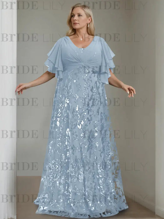 Dusty Blue plus size sequin damask mother of the bride gown with flutter sleeves