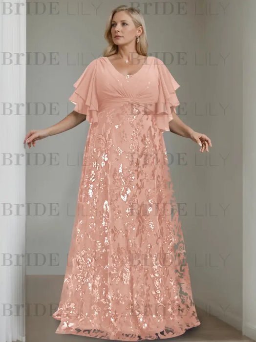 Dusty Rose plus size sequin damask mother of the bride gown with flutter sleeves