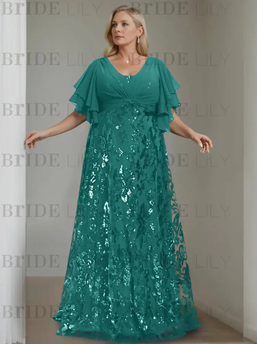 Emerald Green plus size sequin damask mother of the bride gown with flutter sleeves