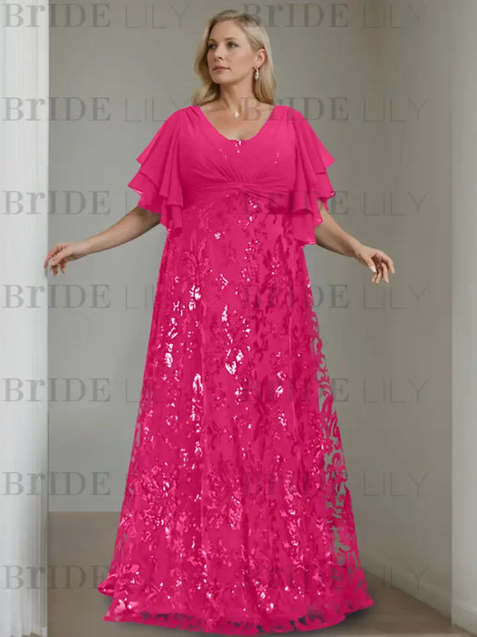 Fuchsia plus size sequin damask mother of the bride gown with flutter sleeves