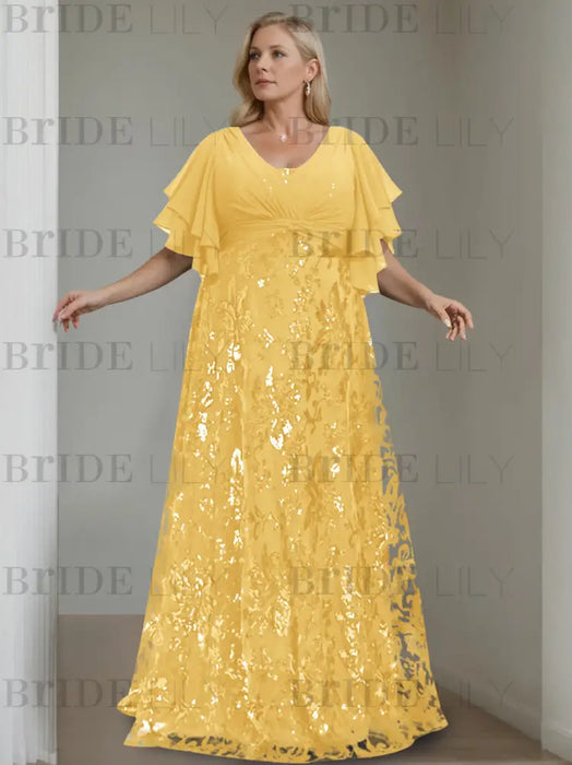 Gold plus size sequin damask mother of the bride gown with flutter sleeves