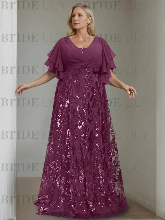 Grape plus size sequin damask mother of the bride gown with flutter sleeves