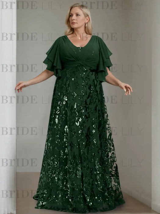 Green Black plus size sequin damask mother of the bride gown with flutter sleeves