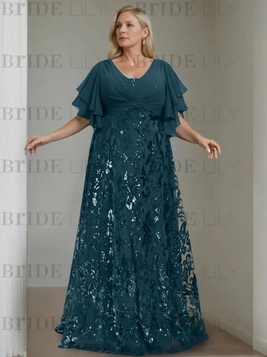 Ink Blue plus size sequin damask mother of the bride gown with flutter sleeves