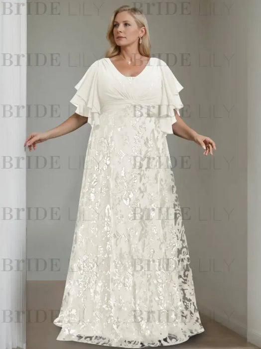 Ivory plus size sequin damask mother of the bride gown with flutter sleeves