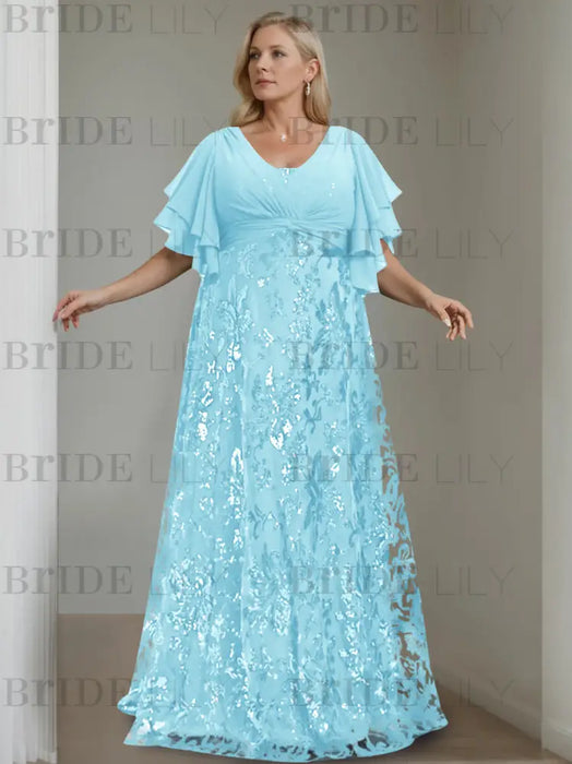 Light Blue plus size sequin damask mother of the bride gown with flutter sleeves