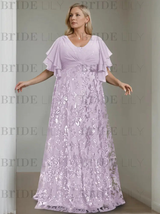 Lilac plus size sequin damask mother of the bride gown with flutter sleeves