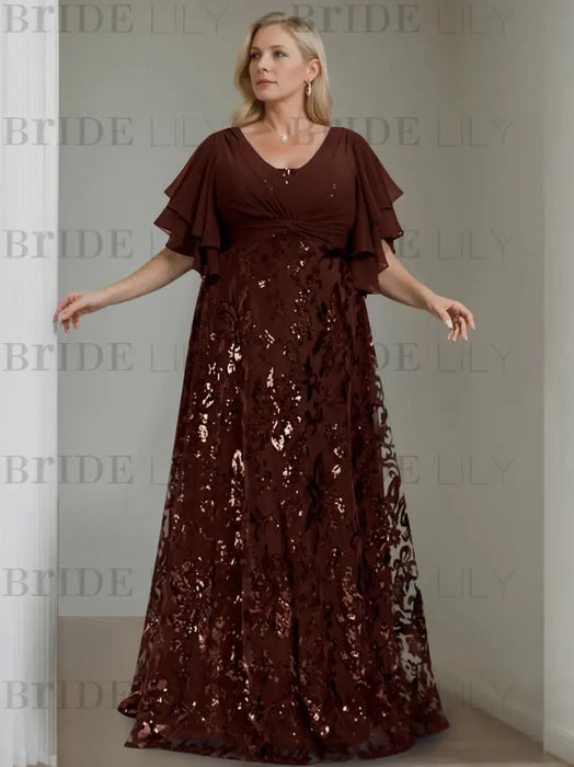 Plus size maroon gown with a chiffon bodice and sequin damask skirt