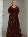 Plus size maroon gown with a chiffon bodice and sequin damask skirt