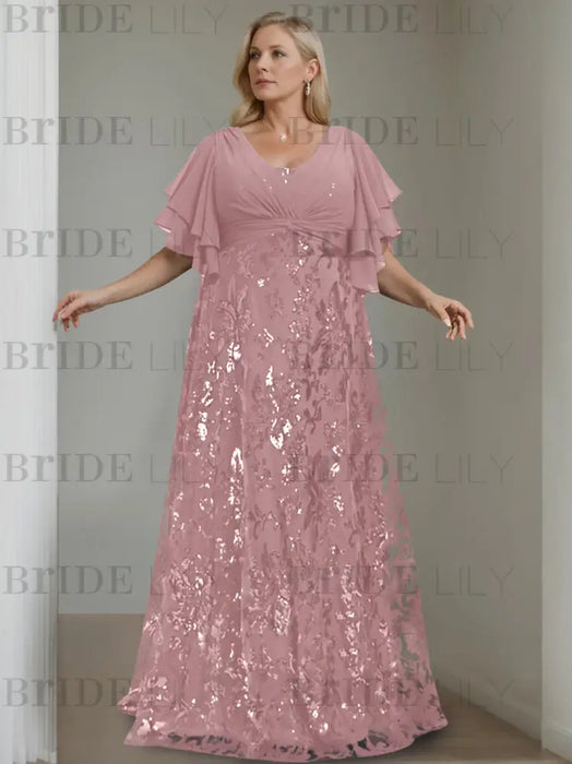 Mauve plus size sequin damask mother of the bride gown with flutter sleeves