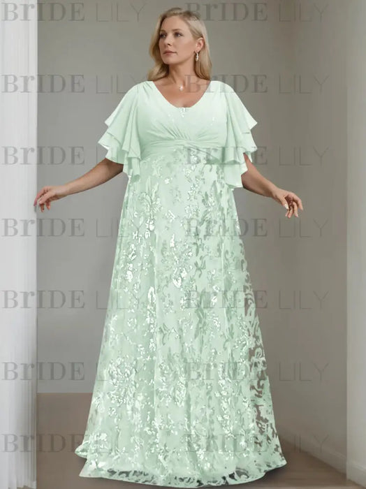 Mist Blue plus size sequin damask mother of the bride gown with flutter sleeves