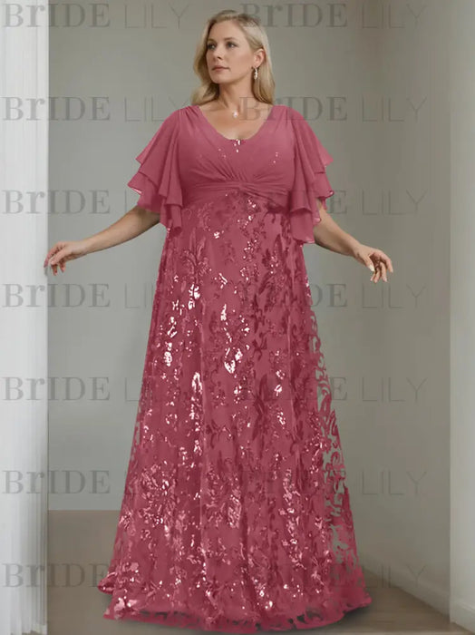 Mulberry plus size sequin damask mother of the bride gown with flutter sleeves