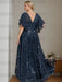 Back view of the navy sequin damask gown with a V back