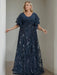 Plus size navy gown with a chiffon bodice and sequin damask skirt