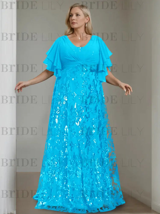 Ocean Blue plus size sequin damask mother of the bride gown with flutter sleeves