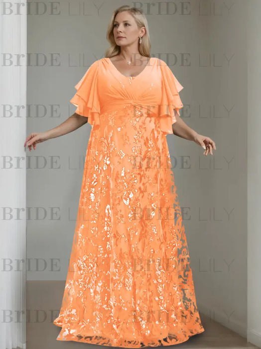 Orange plus size sequin damask mother of the bride gown with flutter sleeves
