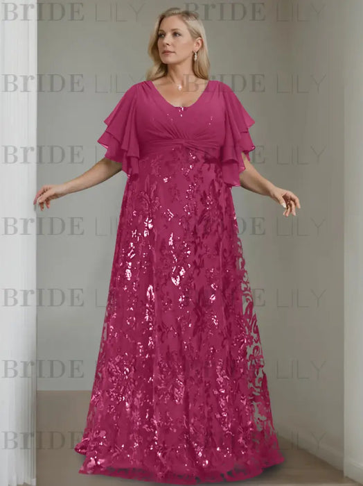Orchid plus size sequin damask mother of the bride gown with flutter sleeves