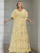 Plus size pale yellow gown with a chiffon bodice and damask skirt