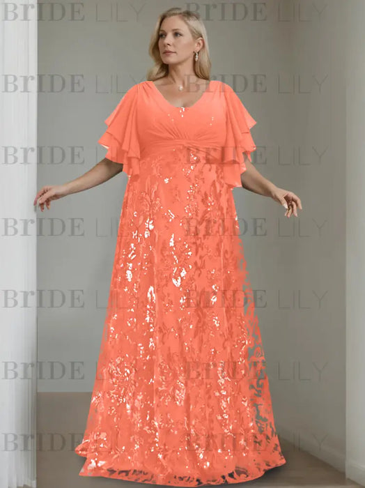 Papaya plus size sequin damask mother of the bride gown with flutter sleeves