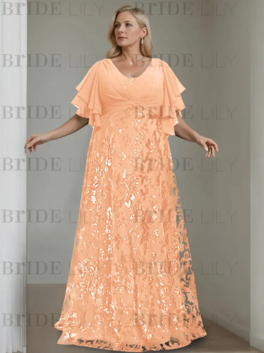 Plus size peach gown with a chiffon bodice and sequin damask skirt