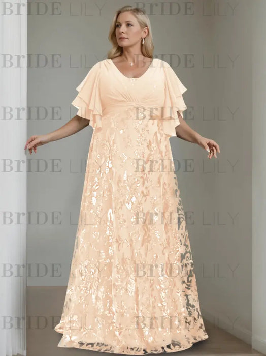 Pearl Pink plus size sequin damask mother of the bride gown with flutter sleeves