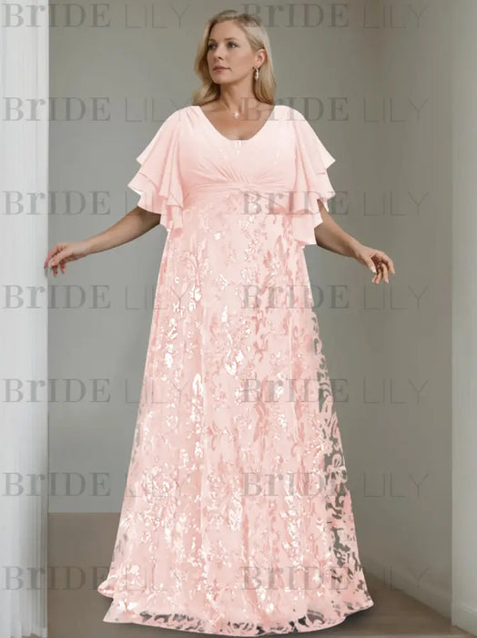 Petal plus size sequin damask mother of the bride gown with flutter sleeves