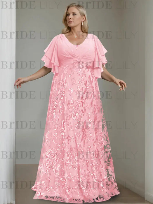 Plus size pink gown with a chiffon bodice and sequin damask skirt