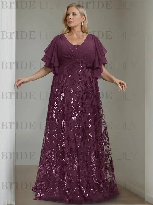 Plum plus size sequin damask mother of the bride gown with flutter sleeves