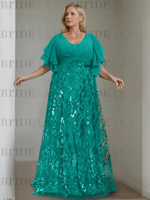 Pool plus size sequin damask mother of the bride gown with flutter sleeves