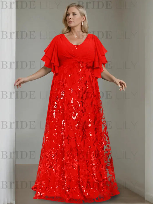 Red plus size sequin damask mother of the bride gown with flutter sleeves