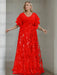 Red plus size sequin damask mother of the bride gown with flutter sleeves