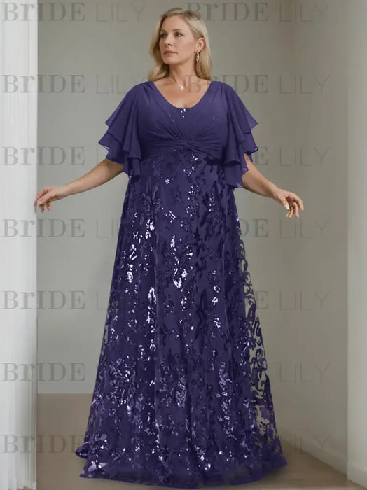 Regency plus size sequin damask mother of the bride gown with flutter sleeves