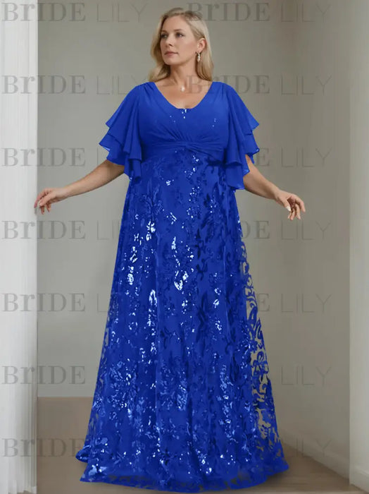 Royal Blue plus size sequin damask mother of the bride gown with flutter sleeves