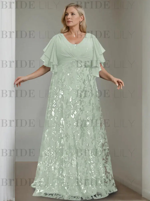 Sage plus size sequin damask mother of the bride gown with flutter sleeves