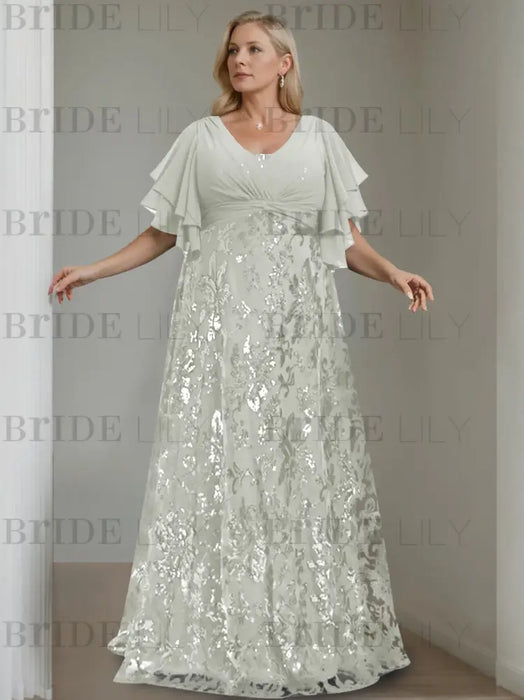 Silver plus size sequin damask mother of the bride gown with flutter sleeves