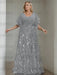 Plus size silver grey gown with a chiffon bodice and damask skirt