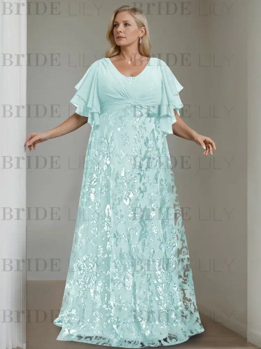 Sky Blue plus size sequin damask mother of the bride gown with flutter sleeves