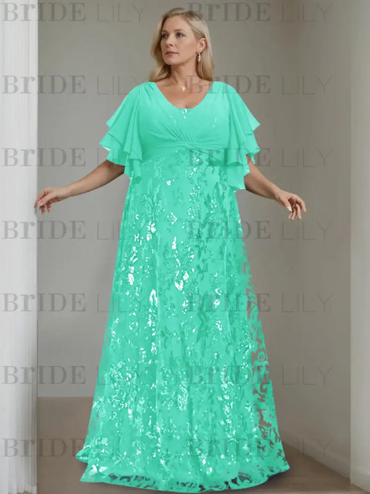 Spa plus size sequin damask mother of the bride gown with flutter sleeves