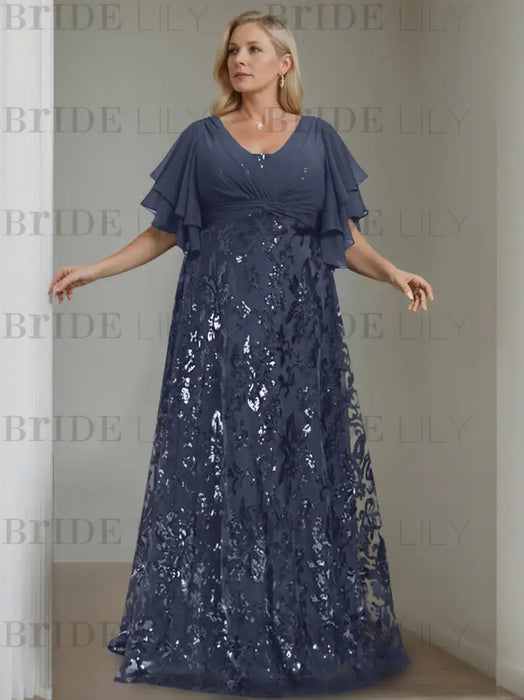 Stormy plus size sequin damask mother of the bride gown with flutter sleeves