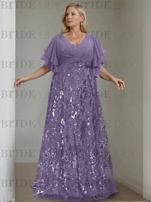Tahiti plus size sequin damask mother of the bride gown with flutter sleeves