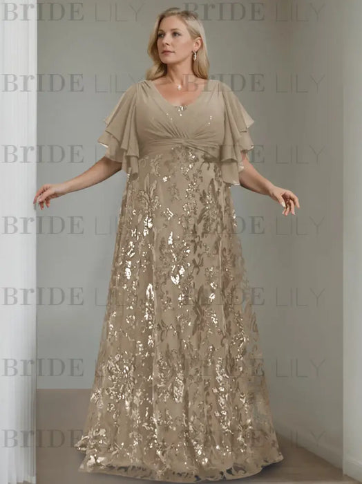 Taupe plus size sequin damask mother of the bride gown with flutter sleeves