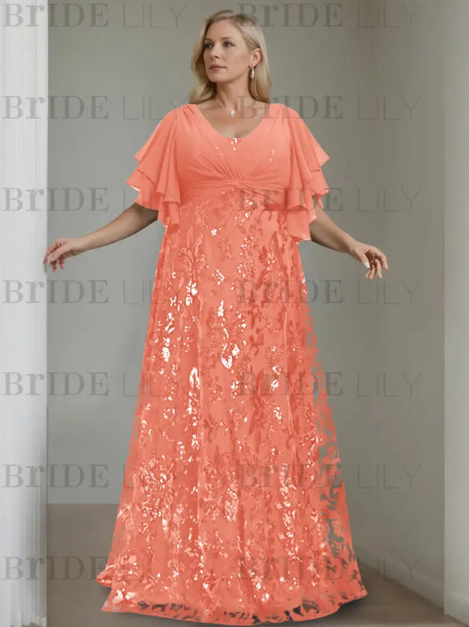 Watermelon plus size sequin damask mother of the bride gown with flutter sleeves