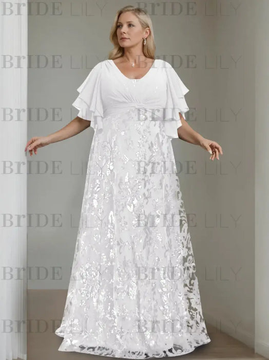 White plus size sequin damask mother of the bride gown with flutter sleeves