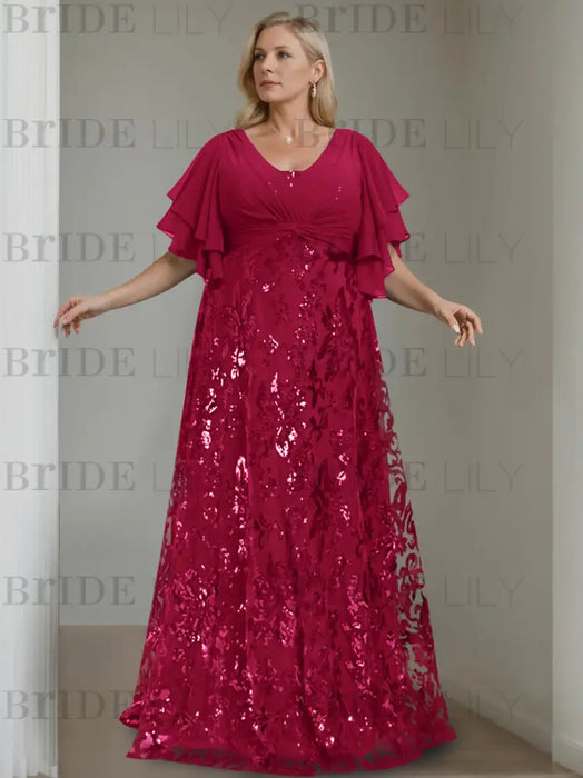 Wine Red plus size sequin damask mother of the bride gown with flutter sleeves