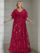 Wine Red plus size sequin damask mother of the bride gown with flutter sleeves