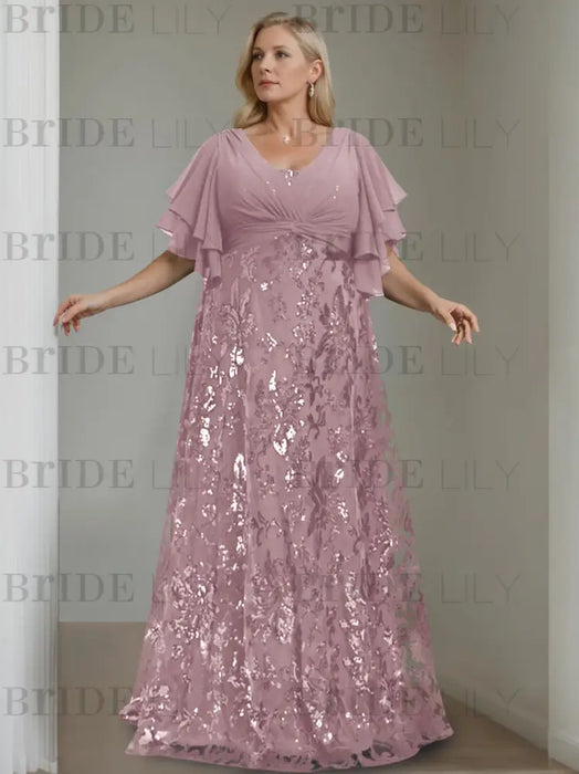 Wisteria plus size sequin damask mother of the bride gown with flutter sleeves