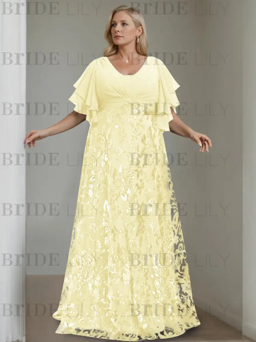 Yellow plus size sequin damask mother of the bride gown with flutter sleeves