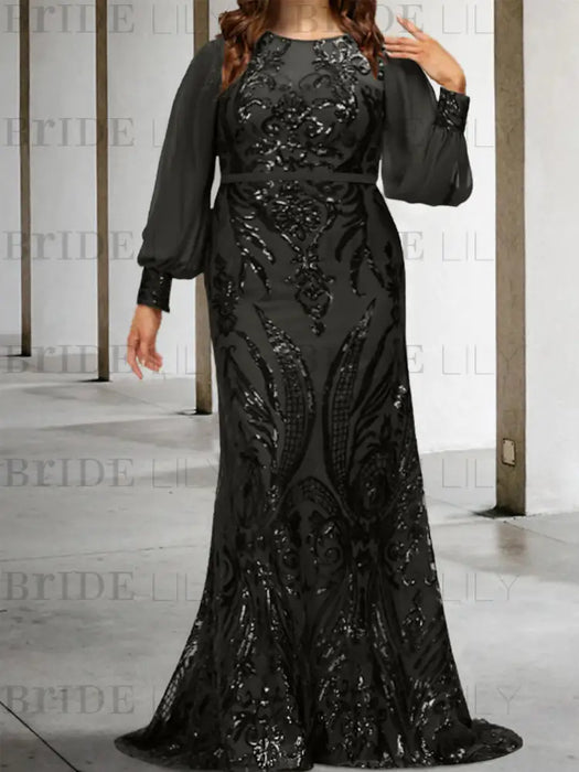 Plus size black sequin damask mermaid gown with chiffon sleeves
