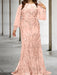 Plus size blush pink sequin damask gown with chiffon sleeves