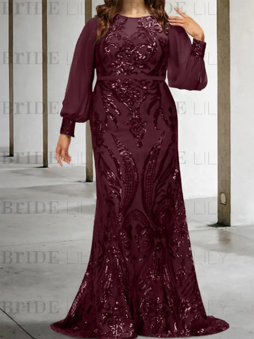 Plus size burgundy sequin damask gown with chiffon sleeves